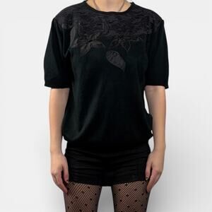 Vintage Black Floral Applique Lace Gothic Short Puff Sleeve Sweater Sz Medium